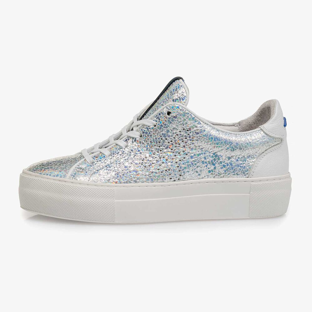 Zilveren metallic leren sneaker met craquel&eacute; effect