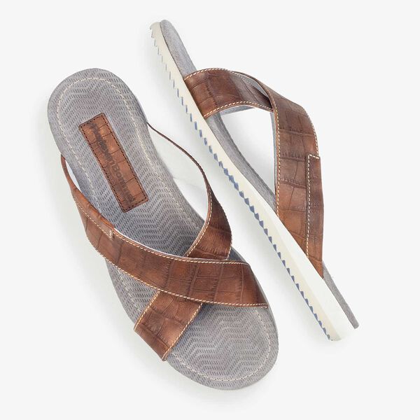 Cognackleurige leren kruisband slipper met crocopint