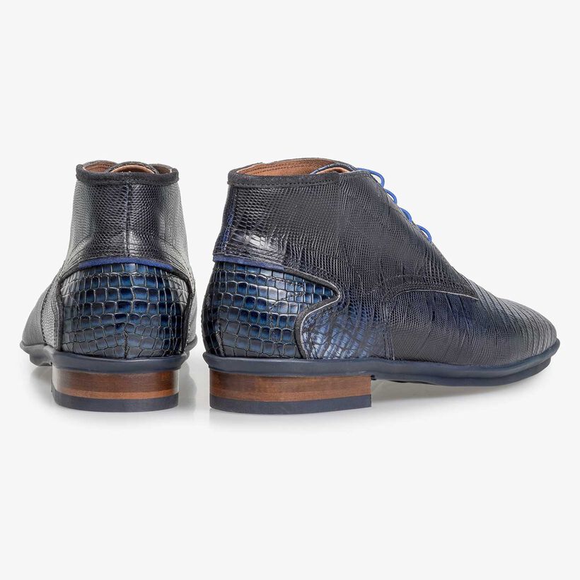 Blauwe kalfsleren veterschoen met lizardprint