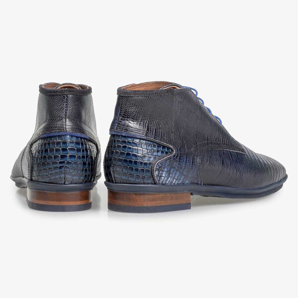 Blauwe kalfsleren veterschoen met lizardprint