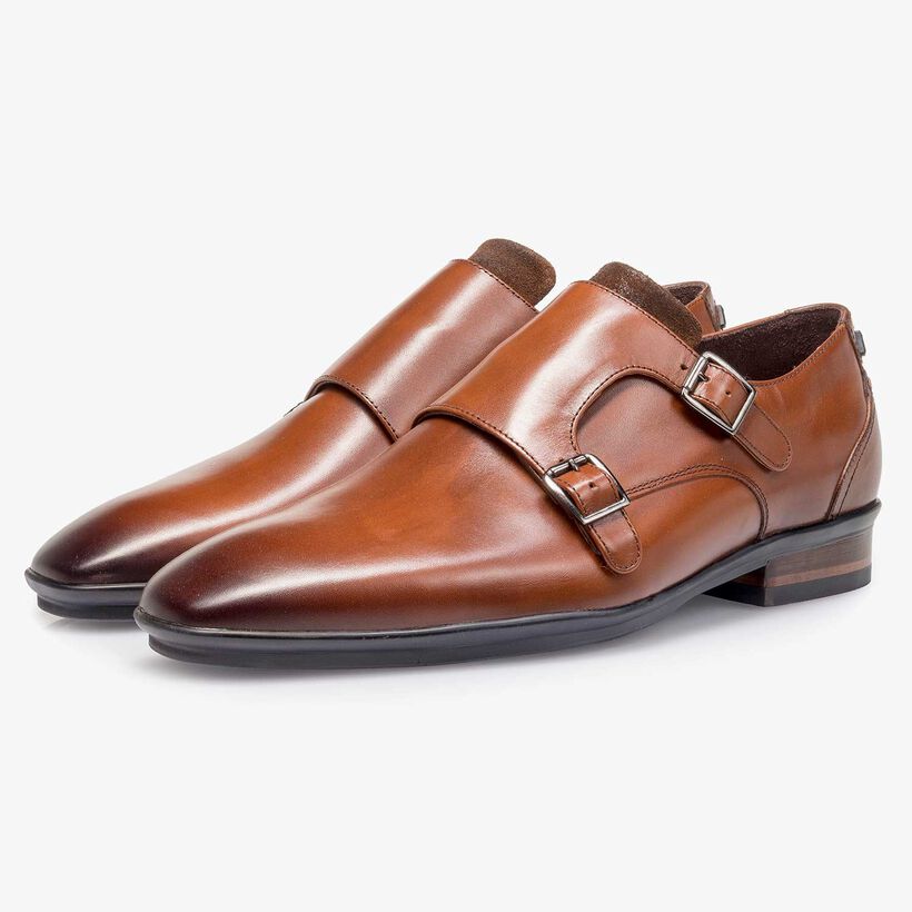 Cognac-coloured calf leather double buckle monk strap