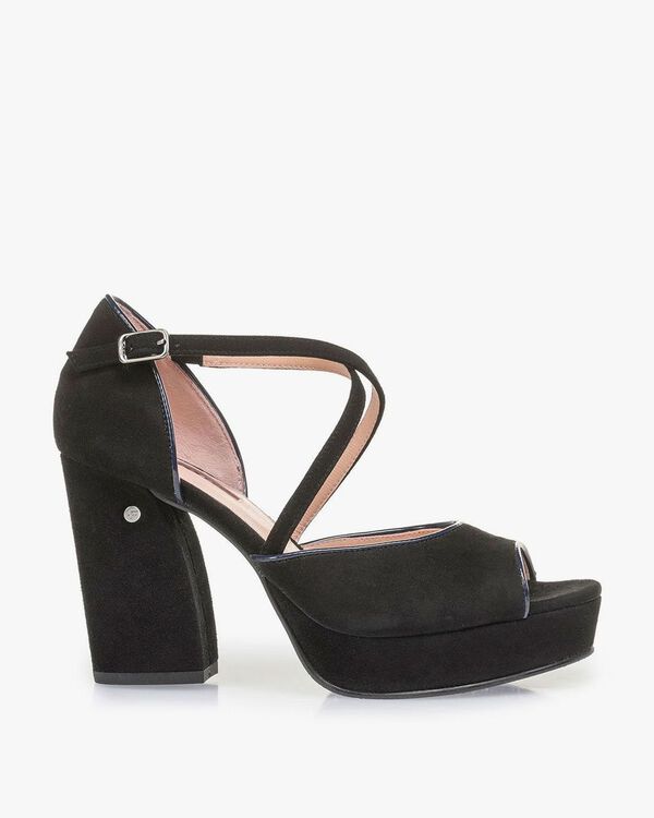 Black high-heeled suede leather sandals