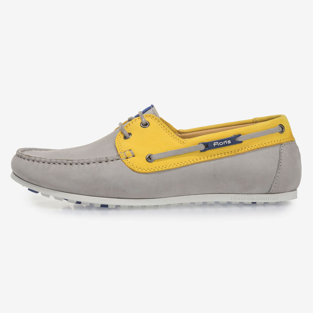 Grijs/gele nubuckleren bootschoen