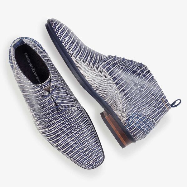 Blue leather lace boot finished with a lizard print