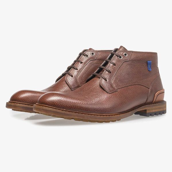Cognac-coloured printed leather lace boot