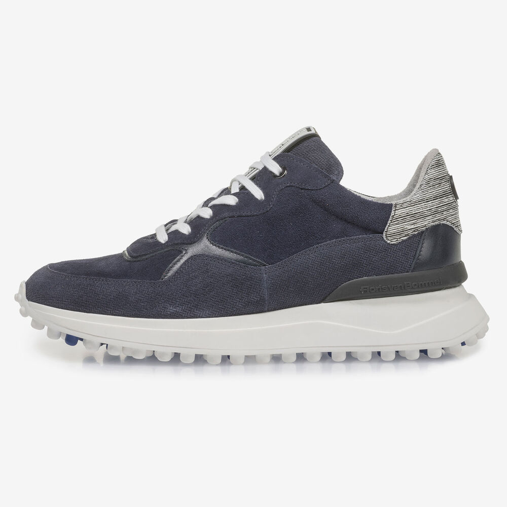Blauwe su&egrave;de sneaker met print