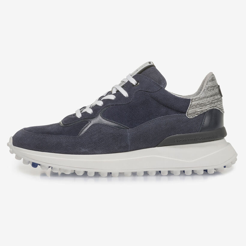 Blauwe su&egrave;de sneaker met print