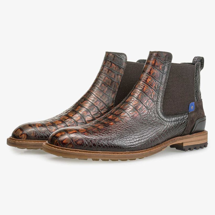 Bruine kalfsleren chelsea boot met crocoprint