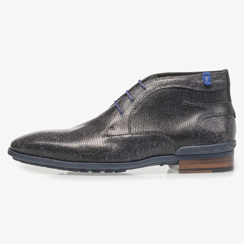 Black leather lace boot with lizard print