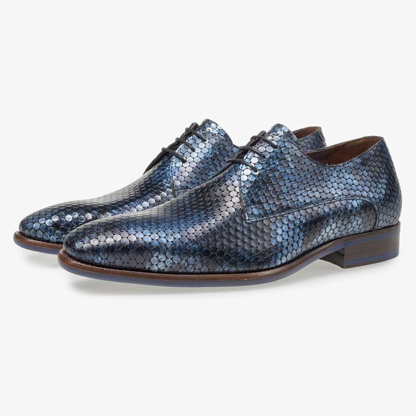 Blauwe metallic print leren veterschoen