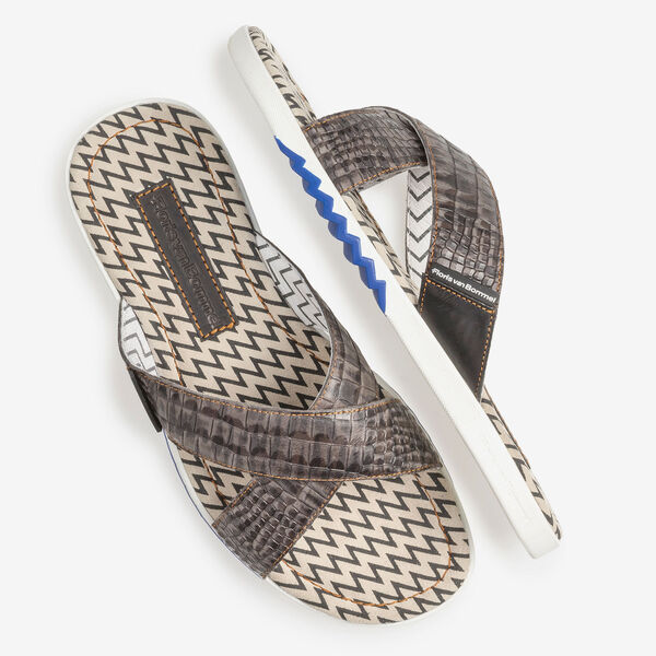 Donkergrijze nubuckleren kruisband slipper met print
