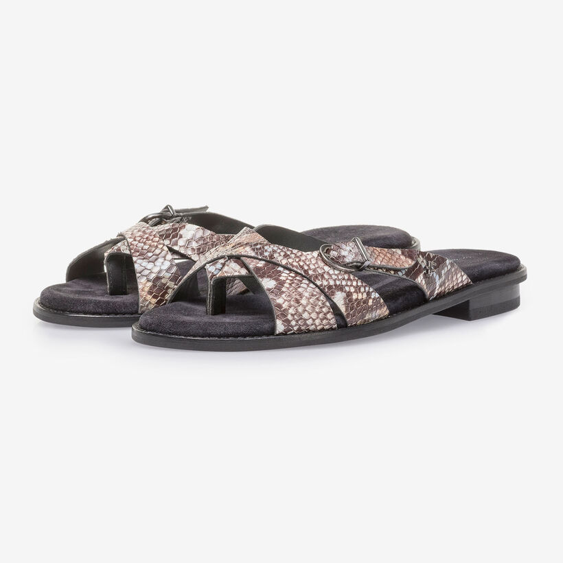 Bruin/witte leren slipper met snakeprint