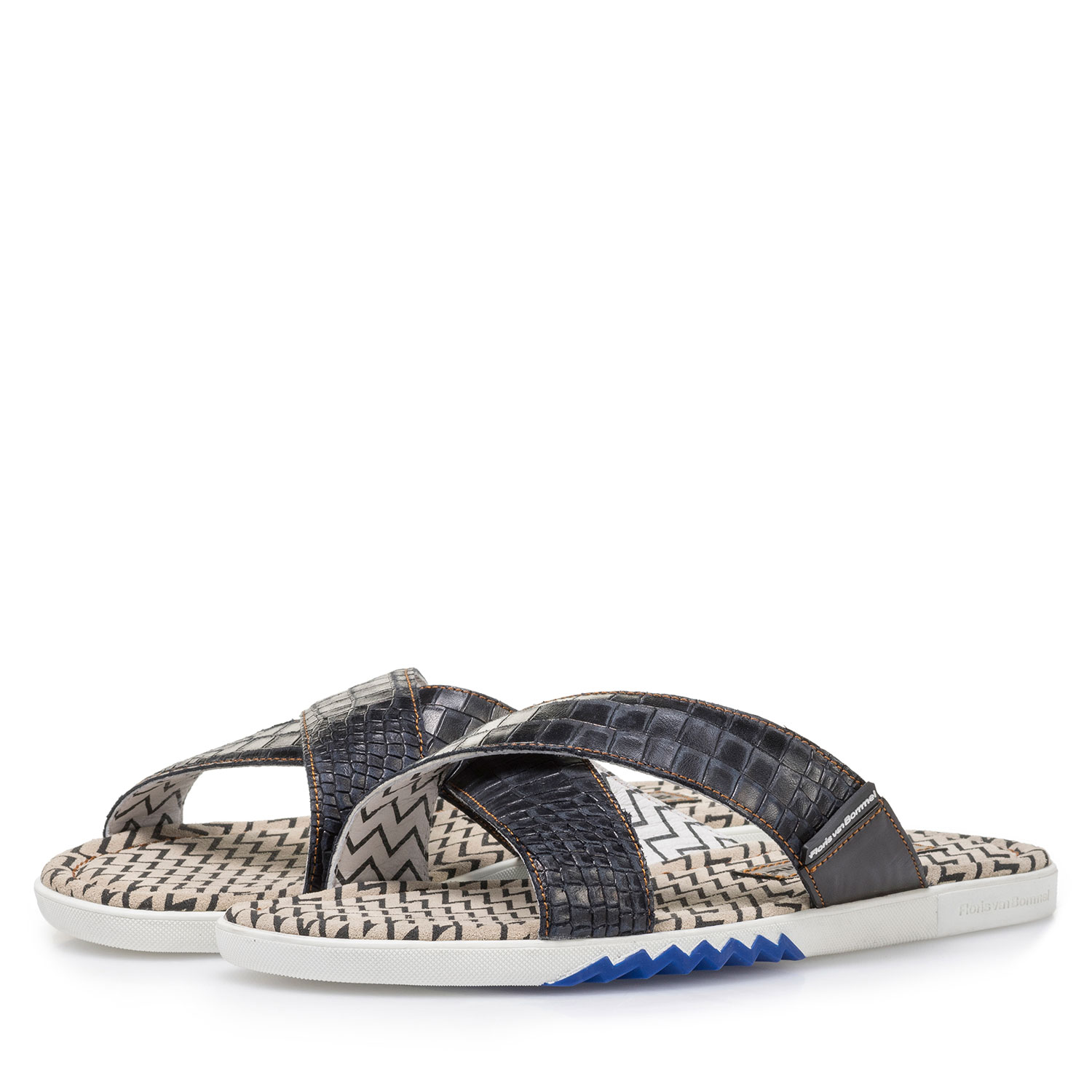 20200/12 - Dark blue nubuck leather cross strap slipper with print 20200/12 - Dark blue nubuck leather cross strap slipper with print