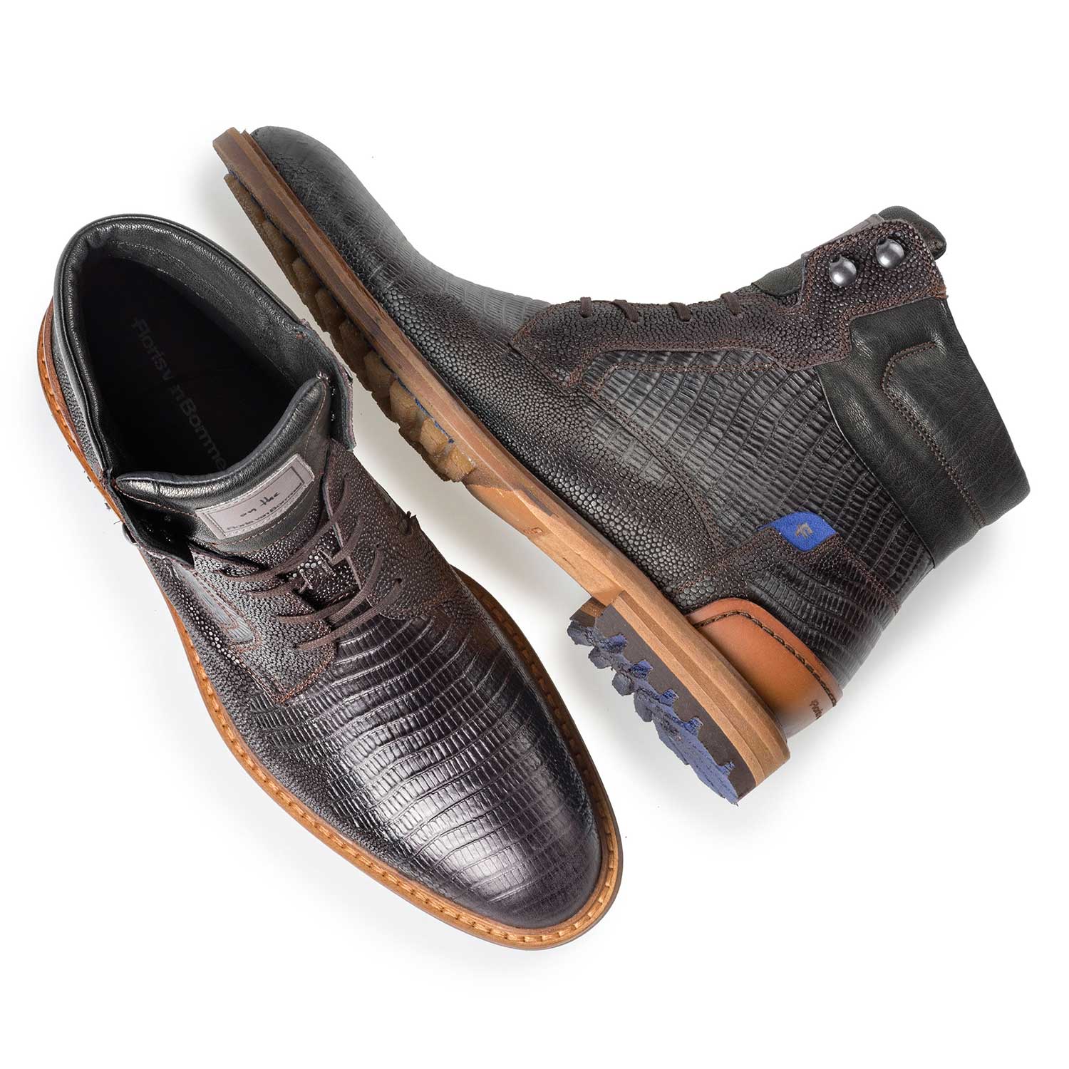 10234/02 - Dark brown leather lace boot with lizard print 10234/02 - Dark brown leather lace boot with lizard print