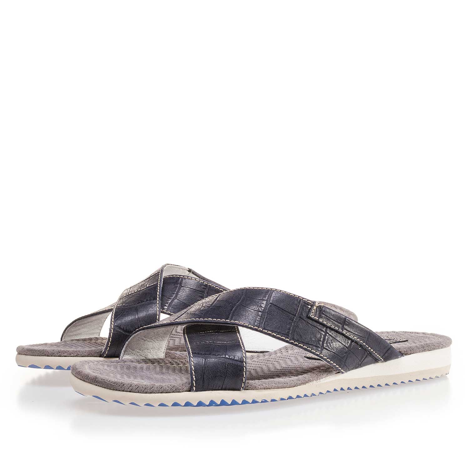 20023/21 - Donkerblauwe leren kruisband slipper met crocoprint 20023/21 - Donkerblauwe leren kruisband slipper met crocoprint