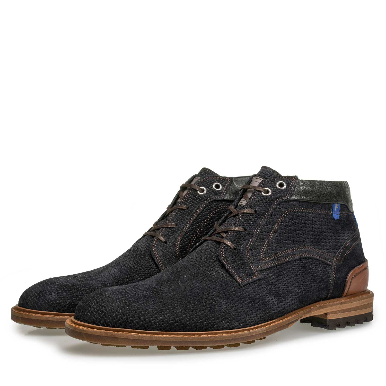 10228/04 - Dark blue suede leather lace boot with structural pattern 10228/04 - Dark blue suede leather lace boot with structural pattern