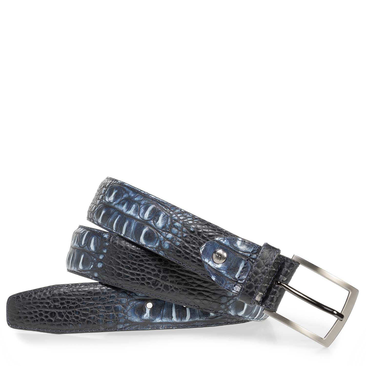 75201/33 - Blauwe leren riem met crocoprint 75201/33 - Blauwe leren riem met crocoprint