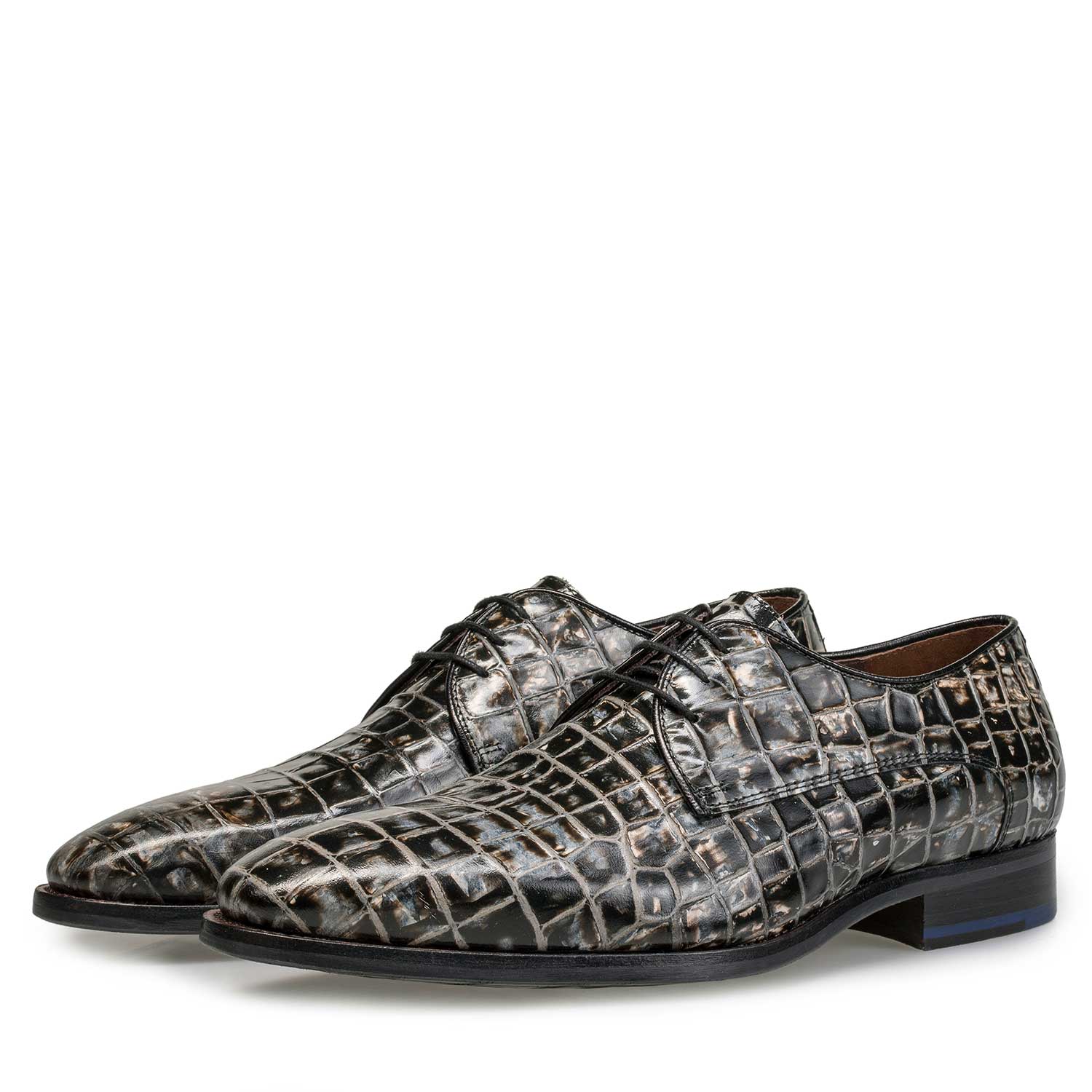 18071/02 - Zwart/grijze leren veterschoen met crocoprint 18071/02 - Zwart/grijze leren veterschoen met crocoprint