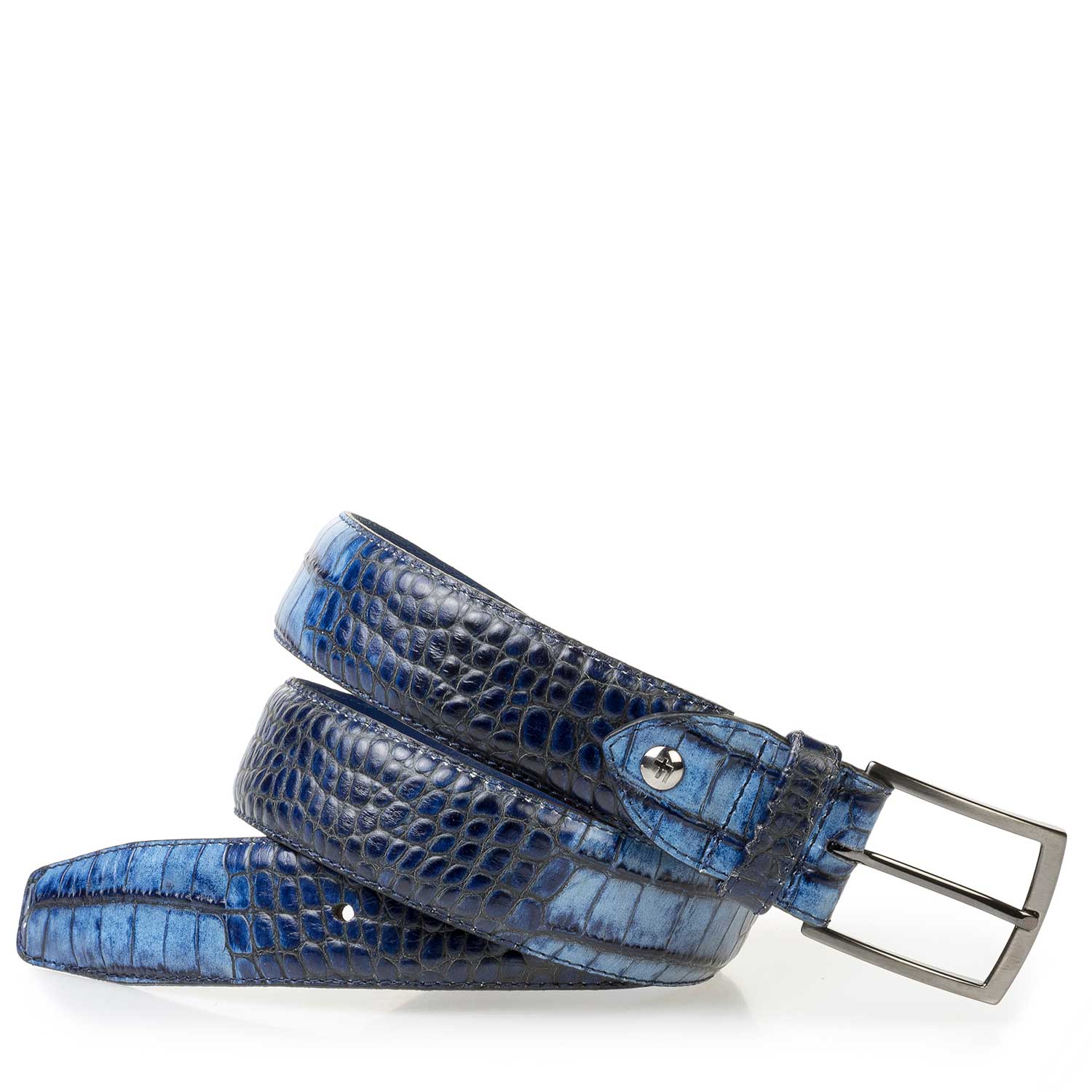 75200/32 - Blauwe kalfsleren riem met crocoprint 75200/32 - Blauwe kalfsleren riem met crocoprint