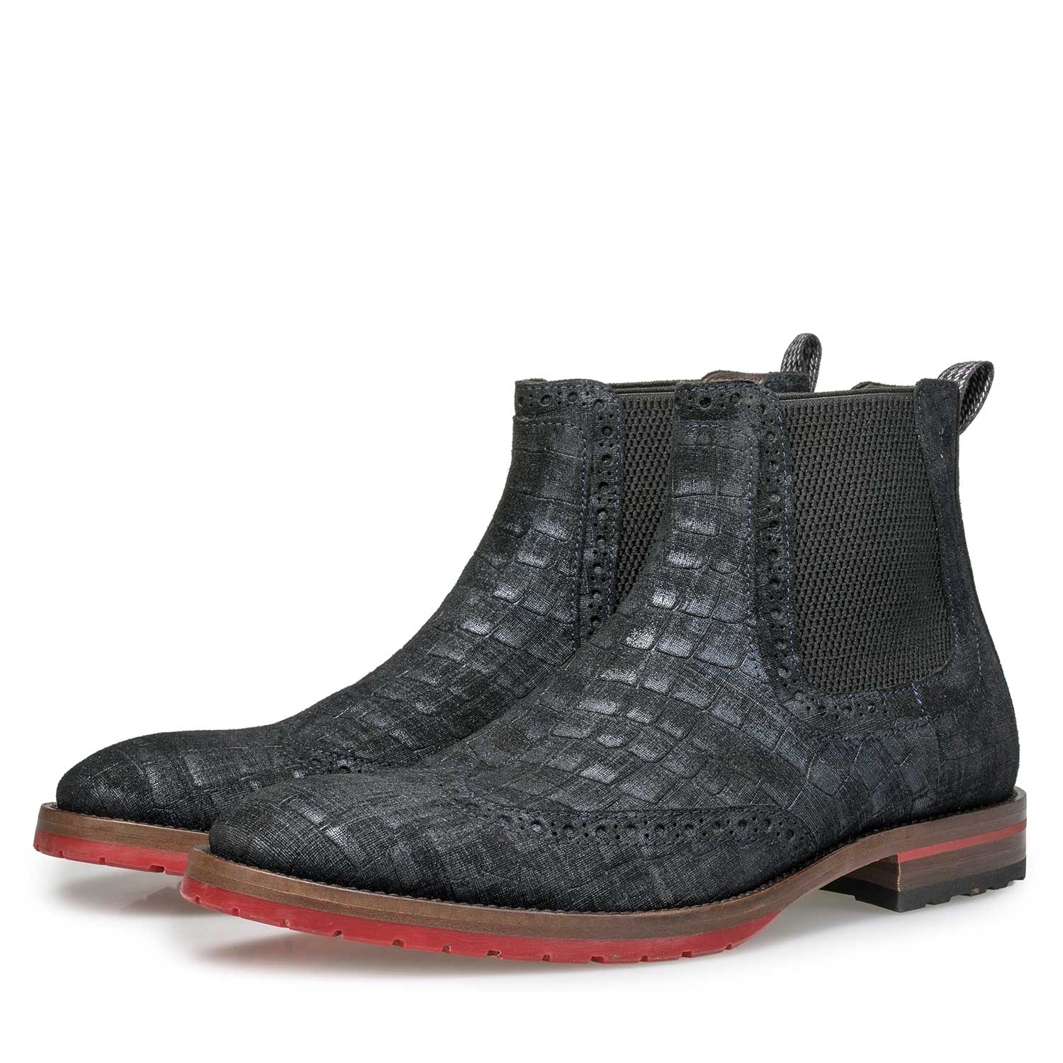 10329/08 - Blauwe suède chelsea boot met geruit dessin 10329/08 - Blauwe suède chelsea boot met geruit dessin
