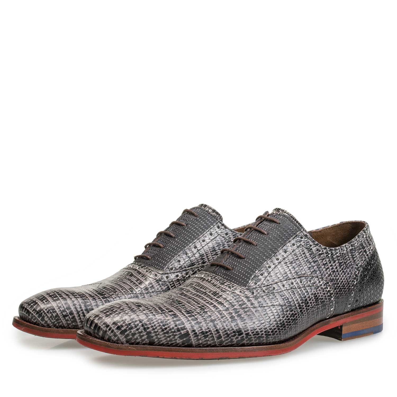 19114/32 - Grijze veterschoen met lizard print 19114/32 - Grijze veterschoen met lizard print