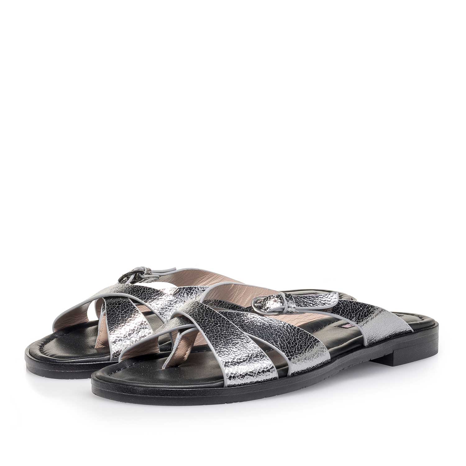 85911/06 - Zilveren metallic leren slipper met craquelé effect 85911/06 - Zilveren metallic leren slipper met craquelé effect