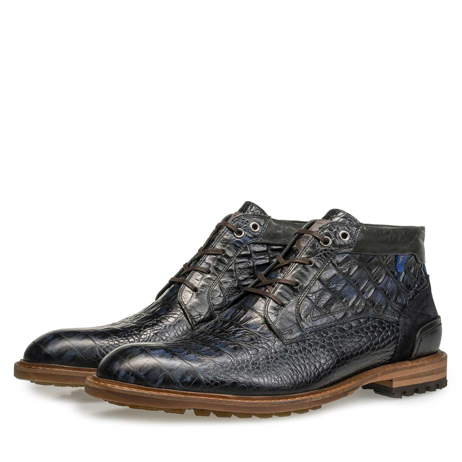 10228/13 - Blauwe leren veterboot met crocoprint 10228/13 - Blauwe leren veterboot met crocoprint
