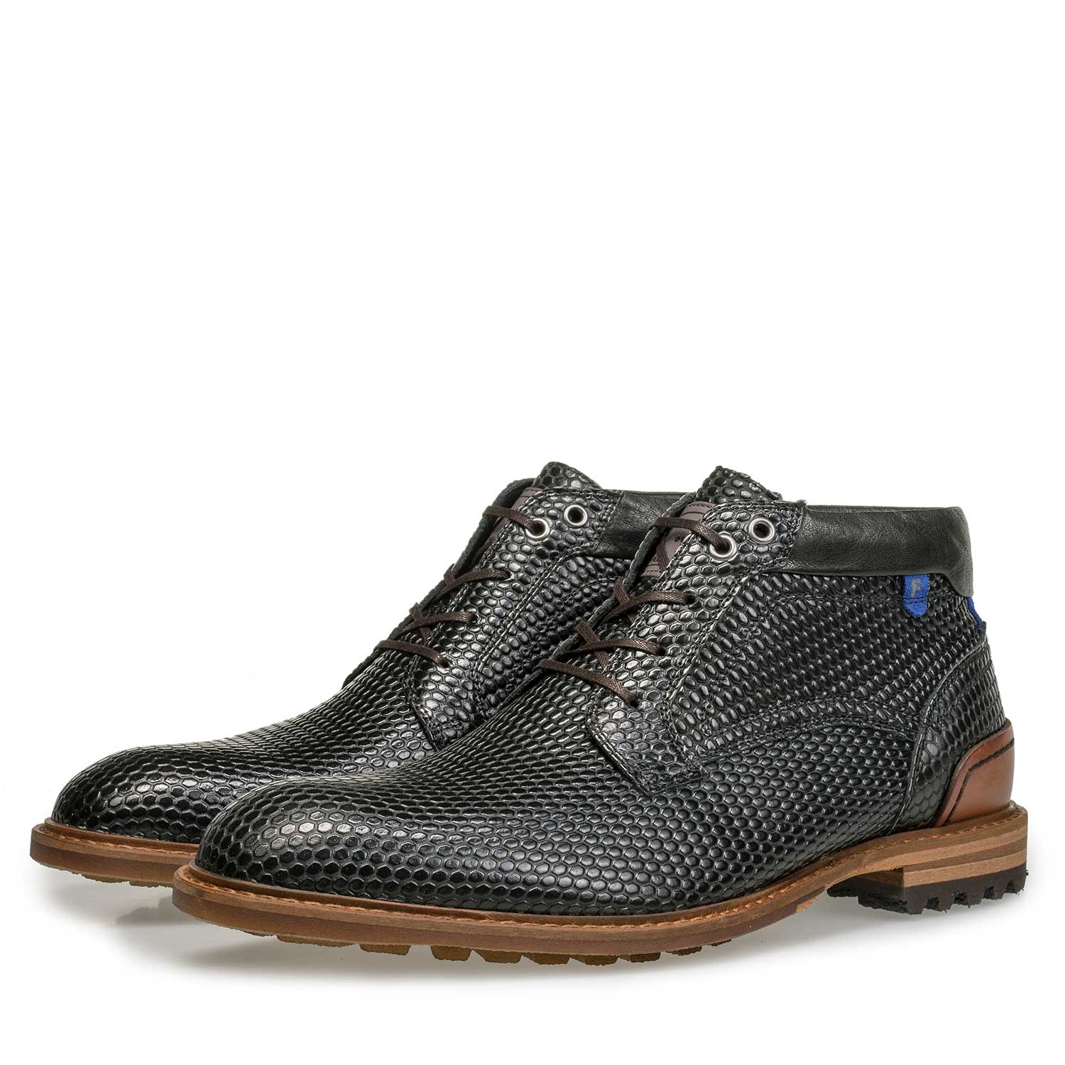 10228/06 - Black leather lace boot with a structural print 10228/06 - Black leather lace boot with a structural print