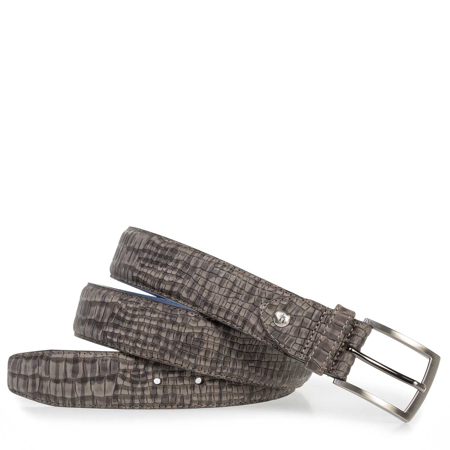 75201/36 - Donkergrijze nubuckleren riem met crocoprint 75201/36 - Donkergrijze nubuckleren riem met crocoprint