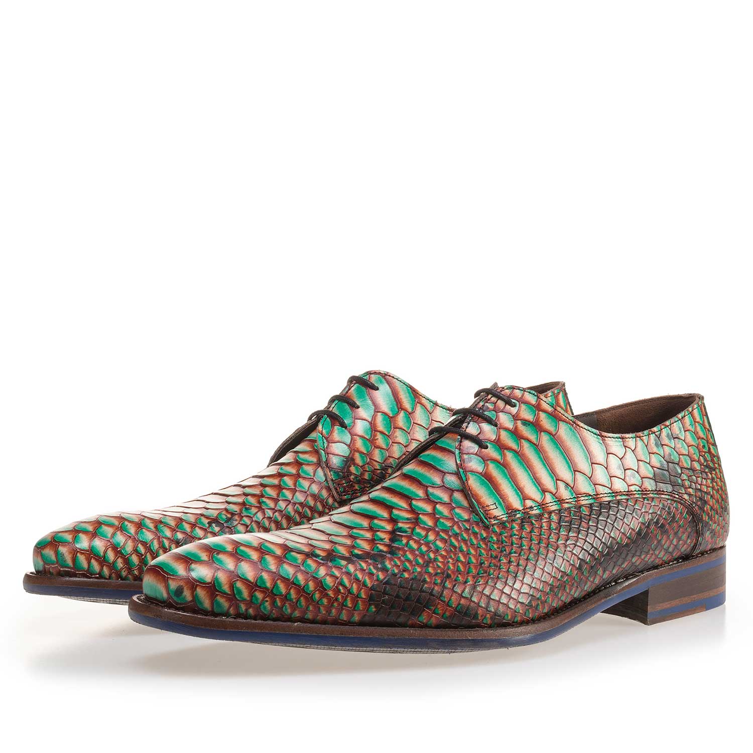 14204/01 - Groene leren veterschoen met snakeprint 14204/01 - Groene leren veterschoen met snakeprint