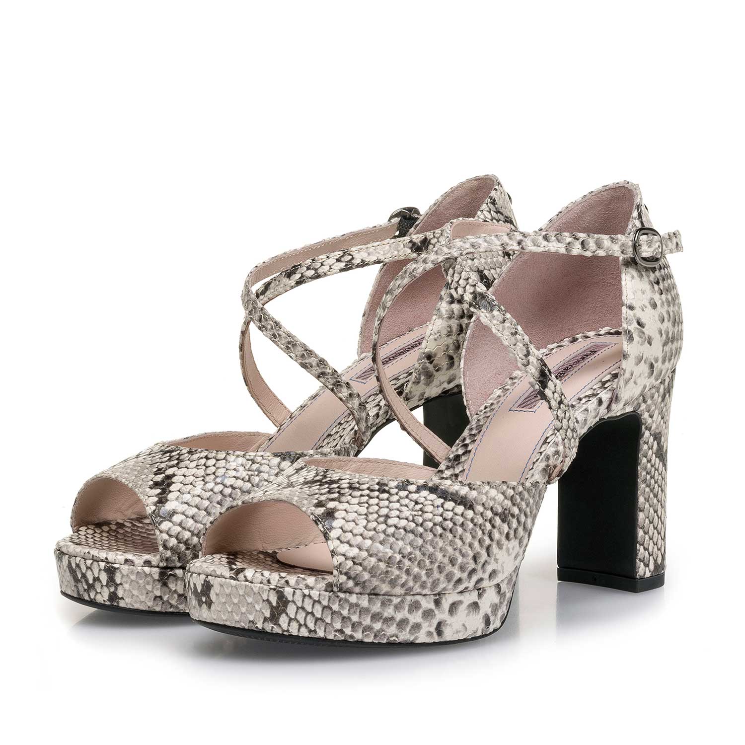 85903/00 - Witte leren sandaal met hak met snakeprint 85903/00 - Witte leren sandaal met hak met snakeprint
