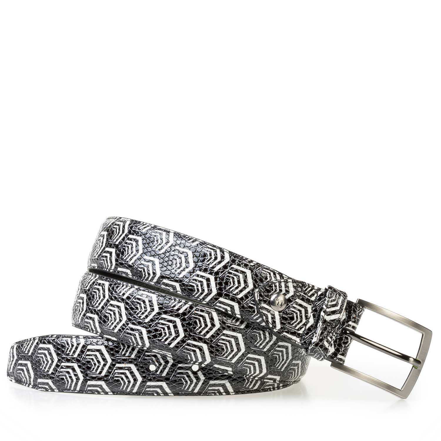 75200/11 - Witte kalfsleren riem met zwarte print 75200/11 - Witte kalfsleren riem met zwarte print