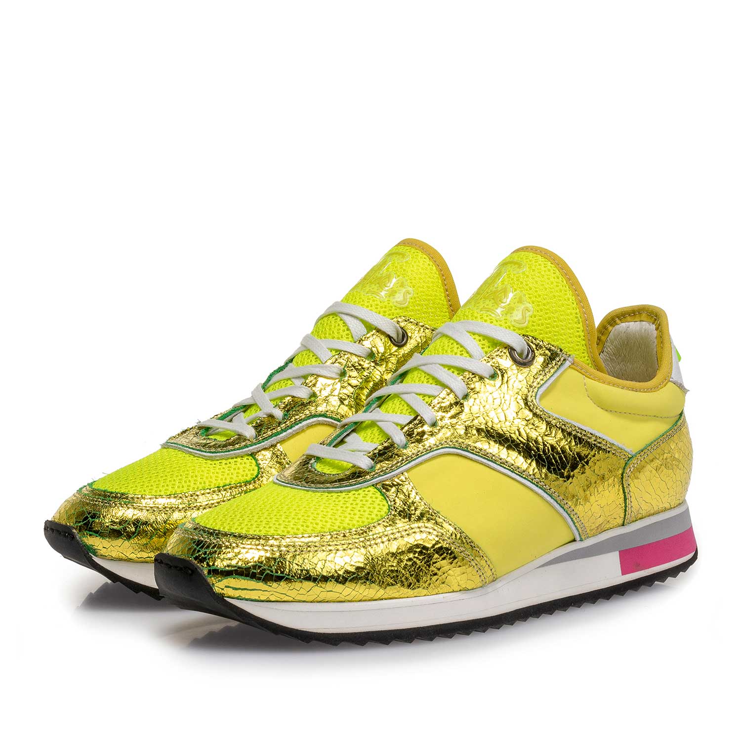 85261/01 - Gele metallic leren sneaker met changeant effect 85261/01 - Gele metallic leren sneaker met changeant effect