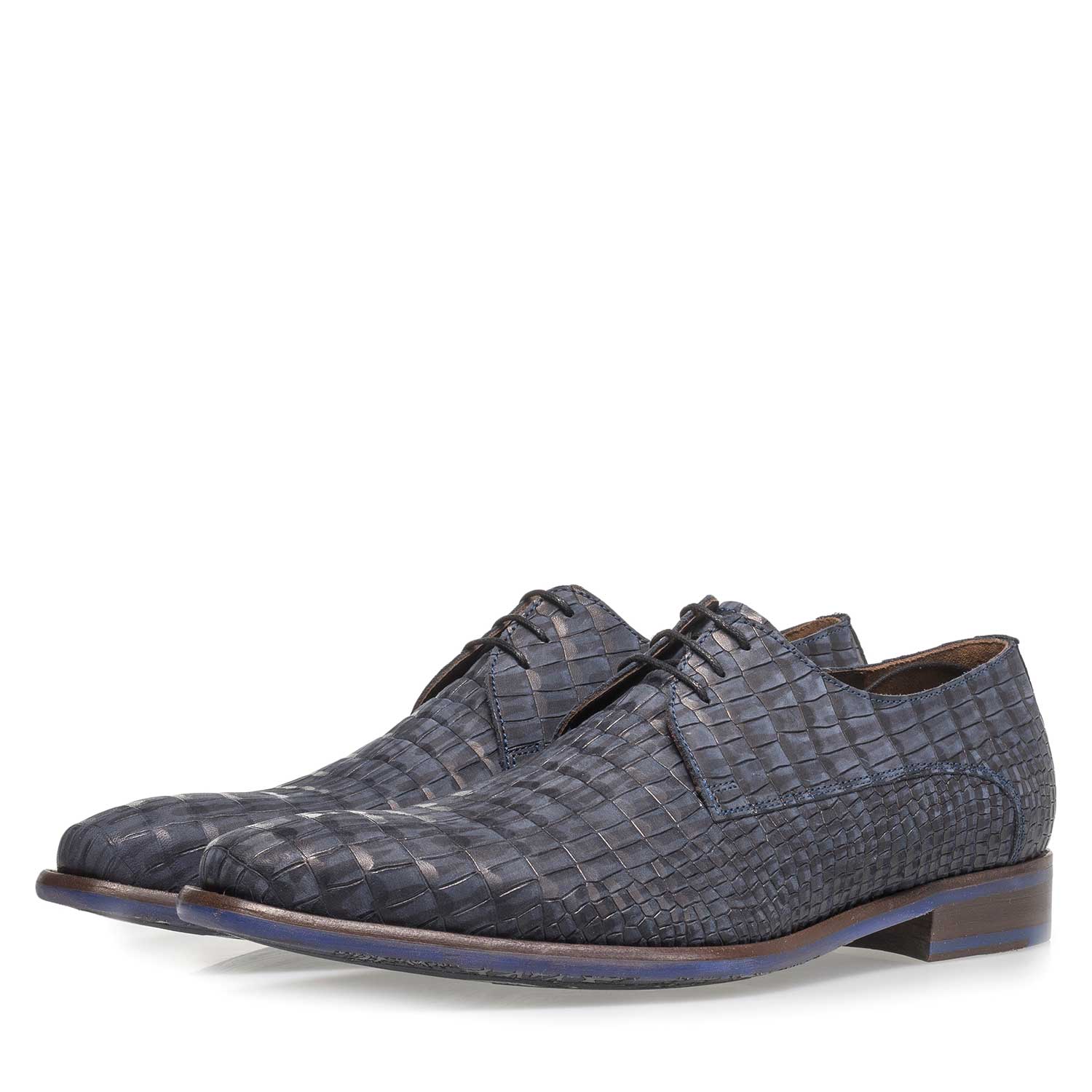 18159/11 - Blauwe nubuckleren veterschoen met crocoprint 18159/11 - Blauwe nubuckleren veterschoen met crocoprint