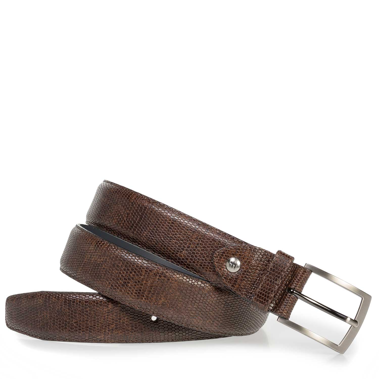 75201/51 - Donkerbruine leren riem met lizardprint 75201/51 - Donkerbruine leren riem met lizardprint