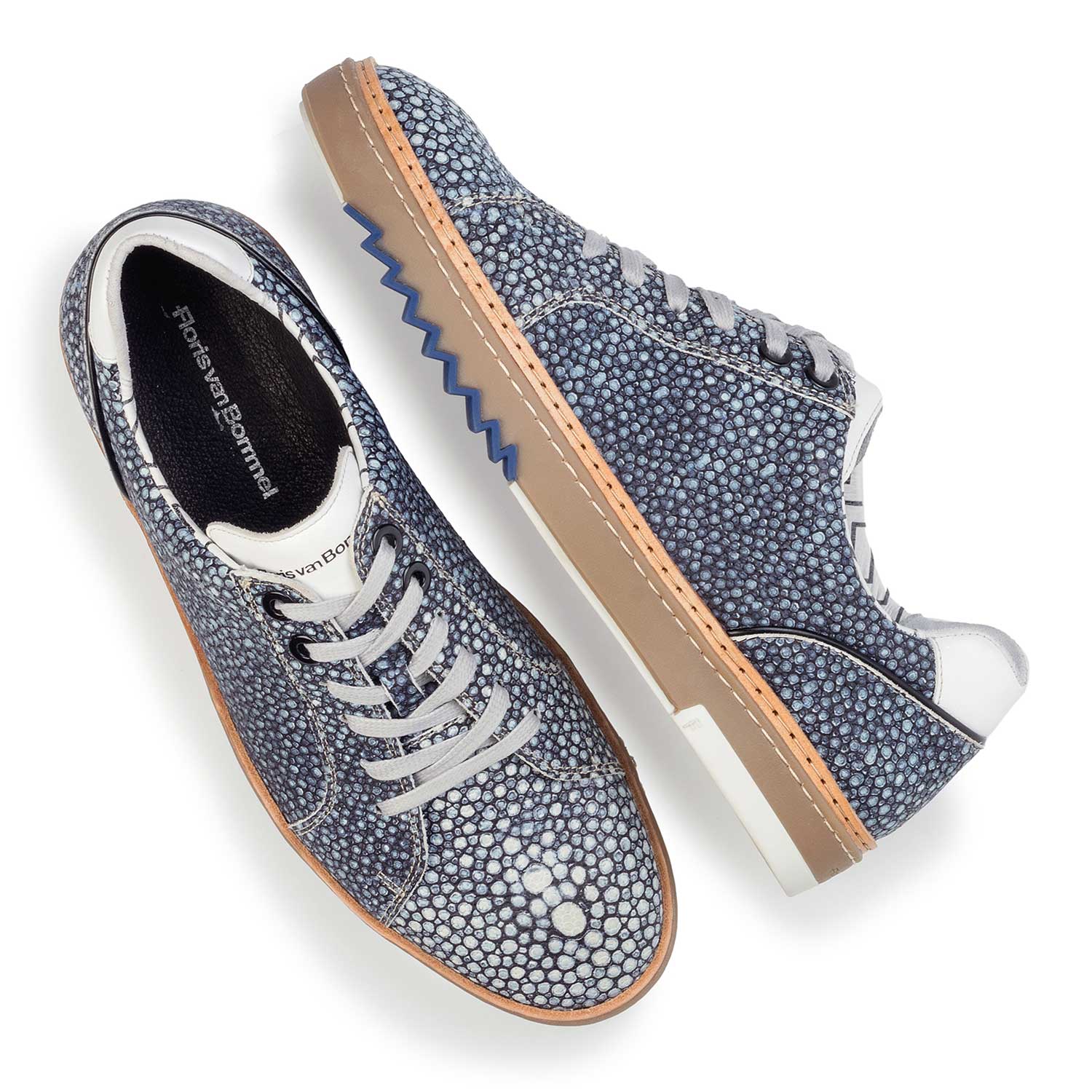 14057/02 - Blauwe leren sneaker met dessin 14057/02 - Blauwe leren sneaker met dessin