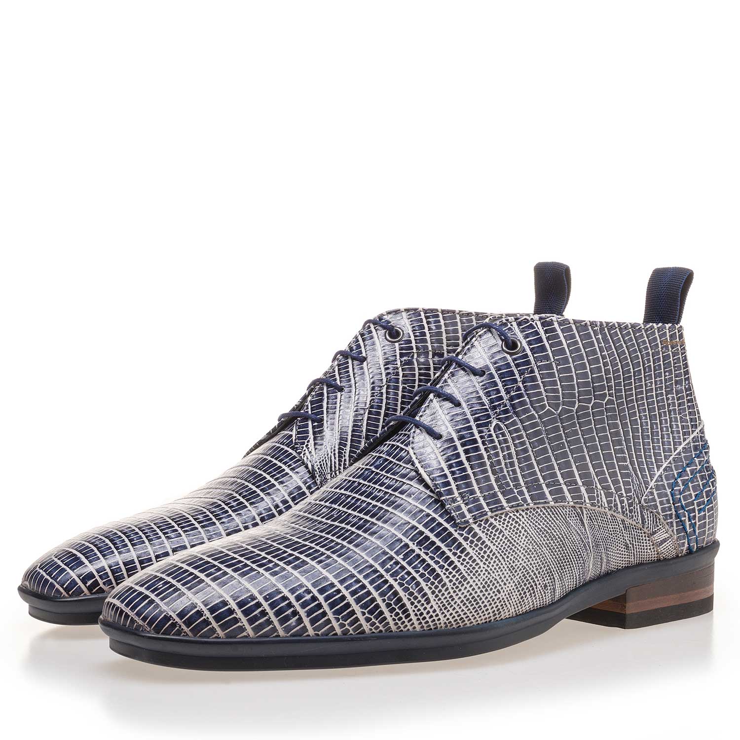10960/12 - Blauwe veterboot van leer met lizardprint 10960/12 - Blauwe veterboot van leer met lizardprint
