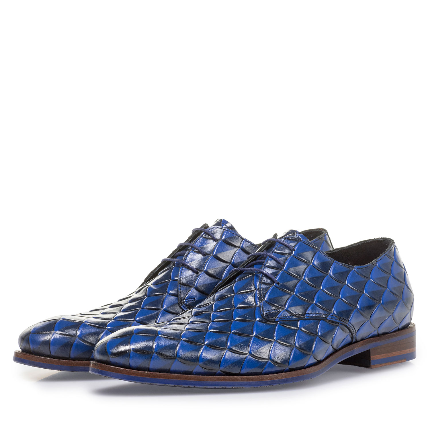 18167/03 - Premium blauwe leren veterschoen met print 18167/03 - Premium blauwe leren veterschoen met print