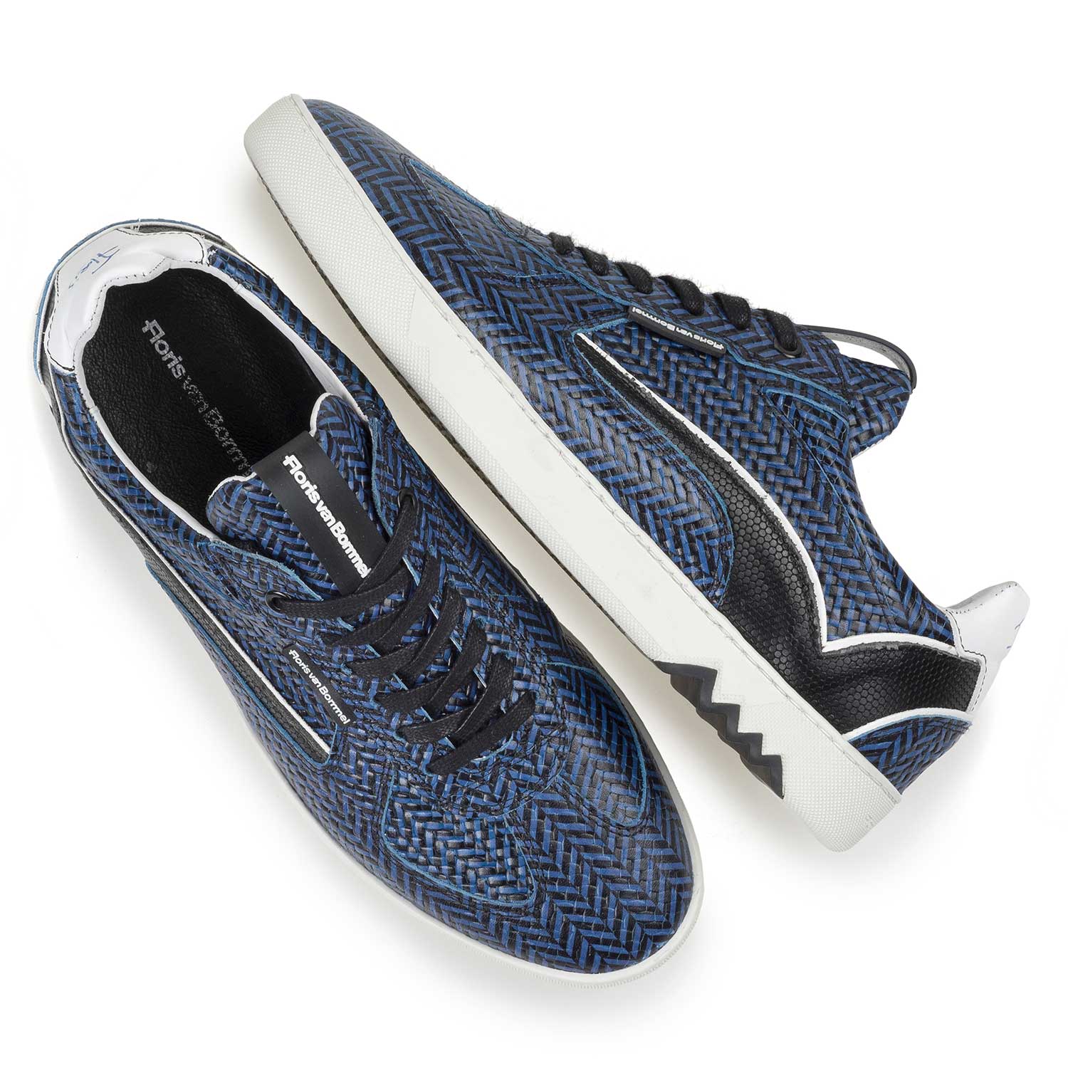 16342/06 - Blauwe leren sneaker met visgraatdessin 16342/06 - Blauwe leren sneaker met visgraatdessin