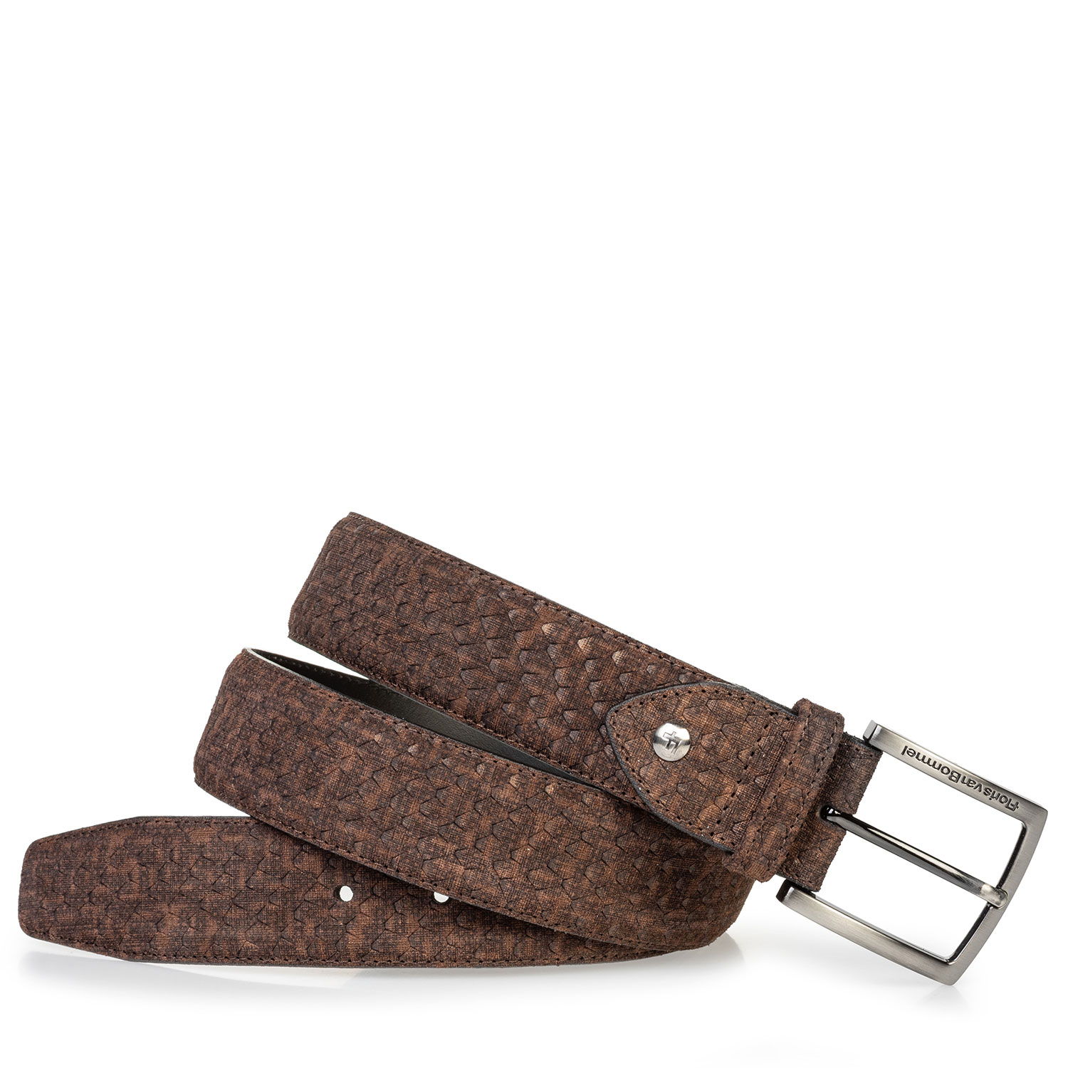 75204/07 - Suède riem donkerbruin met print 75204/07 - Suède riem donkerbruin met print