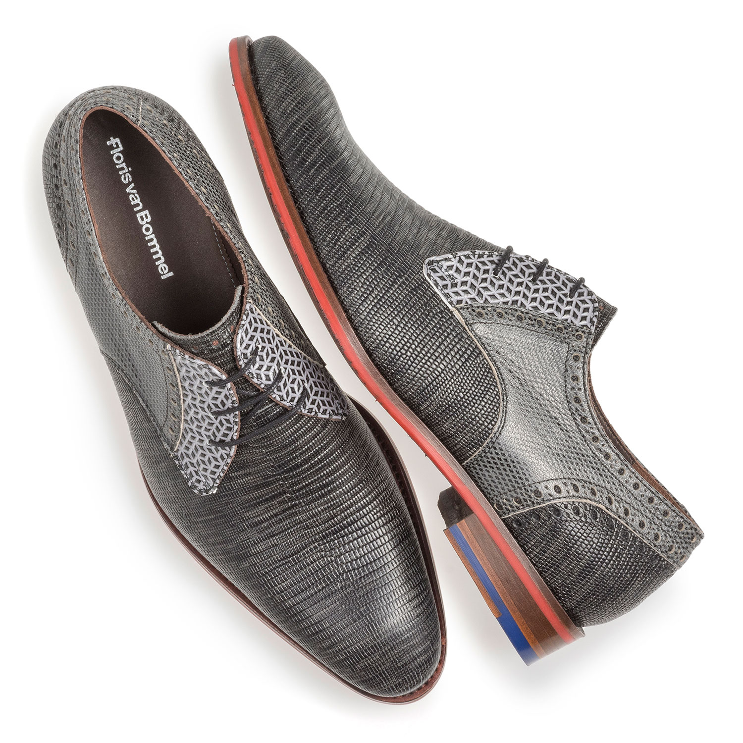 18107/06 - Grey leather lace shoe with lizard print 18107/06 - Grey leather lace shoe with lizard print