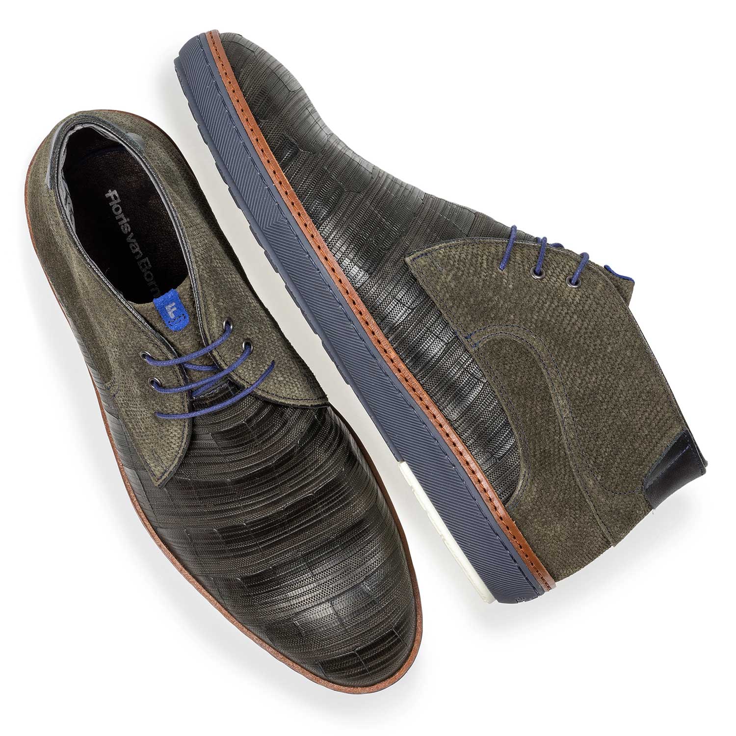 10015/08 - Donkergroene leren veterschoen met print 10015/08 - Donkergroene leren veterschoen met print