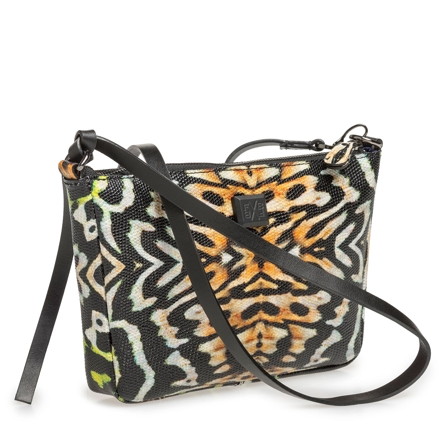 89019/00 - Zwarte leren tas met oranje print 89019/00 - Zwarte leren tas met oranje print
