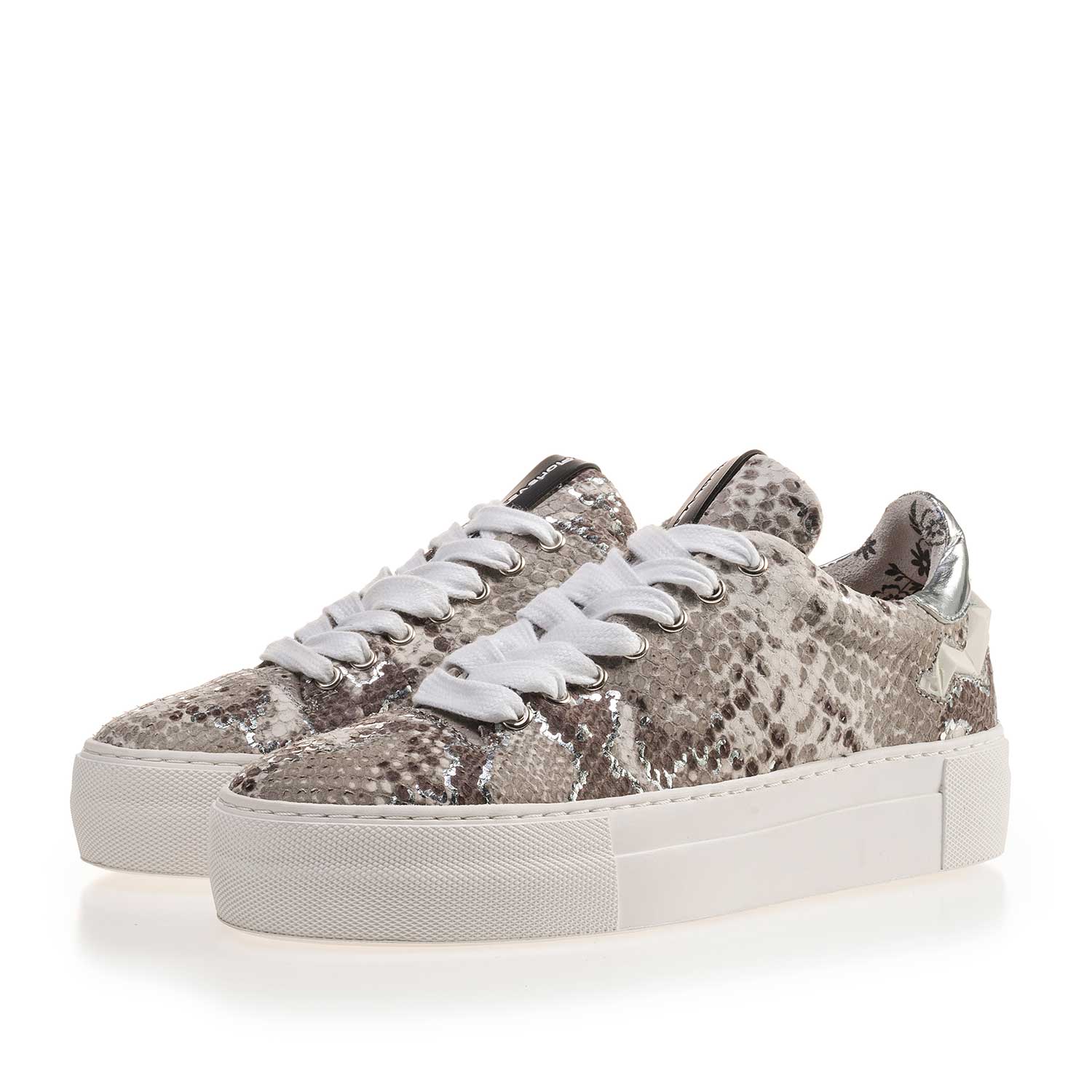 85234/05 - Taupekleurige leren sneaker met snakeprint 85234/05 - Taupekleurige leren sneaker met snakeprint