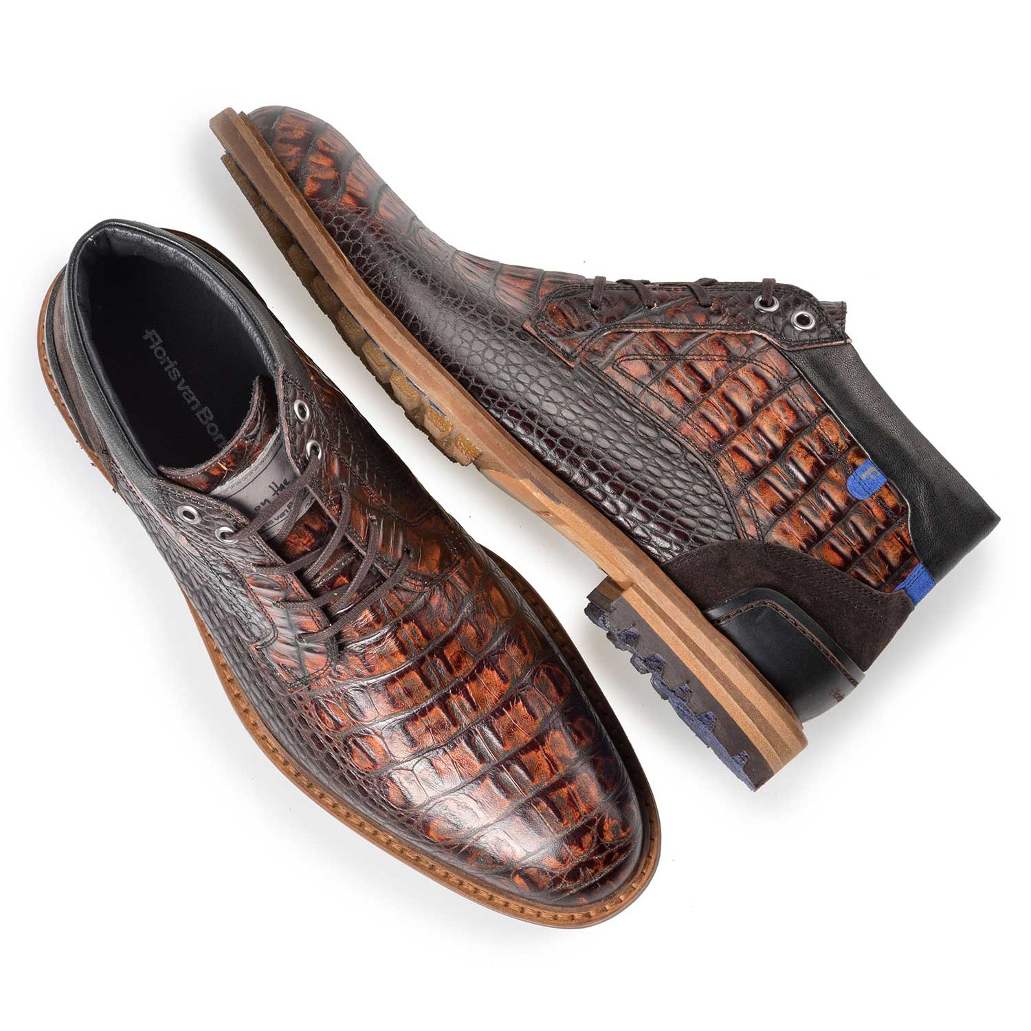 10228/12 - Mid-high brown leather lace boot with croco print 10228/12 - Mid-high brown leather lace boot with croco print