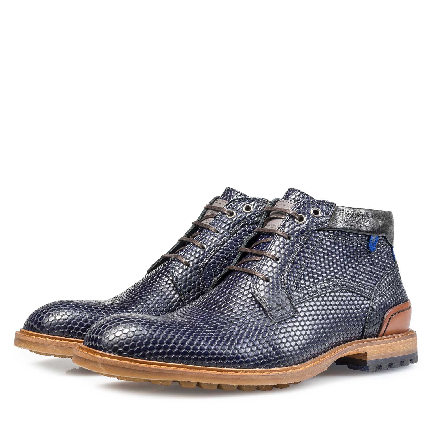 10228/07 - Halfhoge blauwe leren veterboot met print 10228/07 - Halfhoge blauwe leren veterboot met print