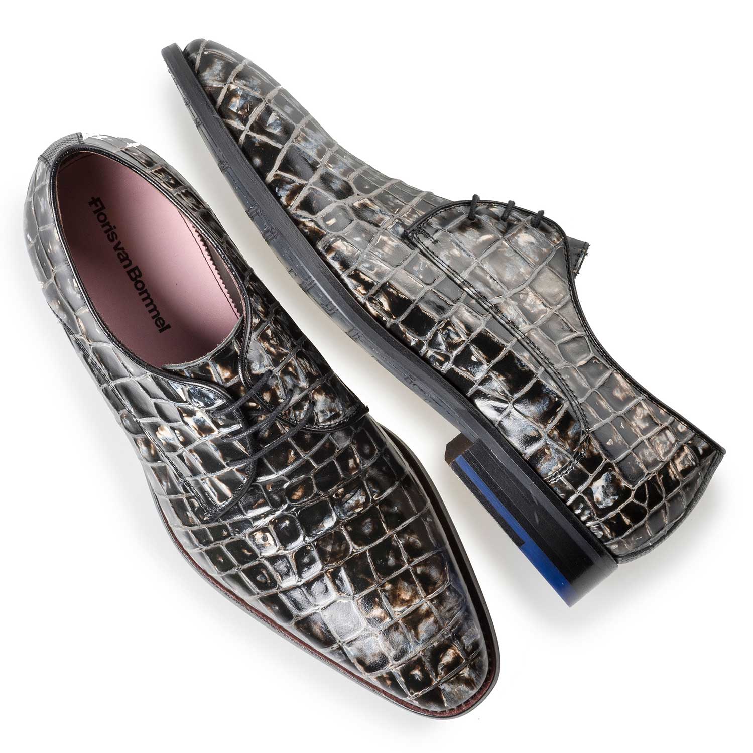 18071/02 - Zwart/grijze leren veterschoen met crocoprint 18071/02 - Zwart/grijze leren veterschoen met crocoprint
