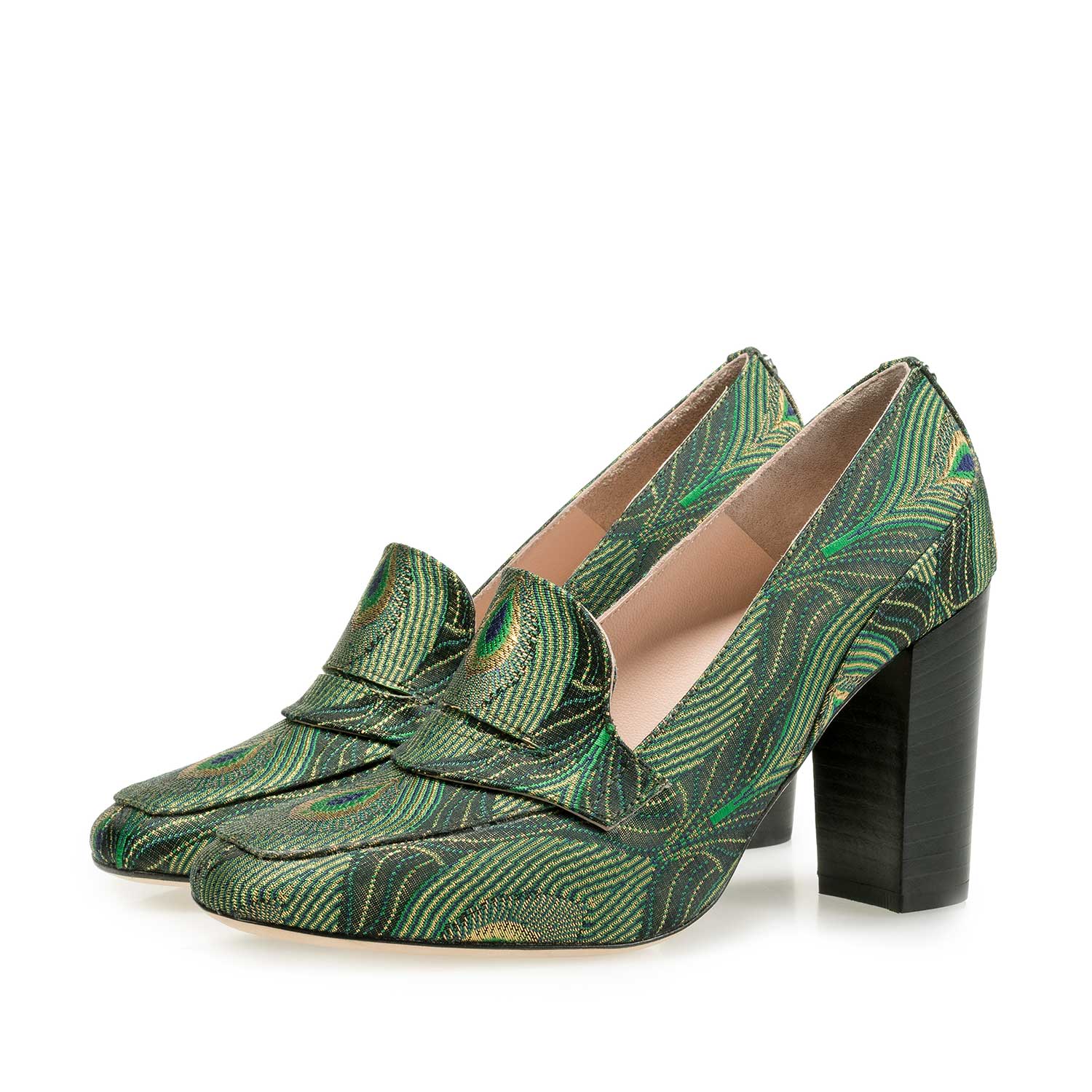 85505/05 - High heels with green peacock print 85505/05 - High heels with green peacock print