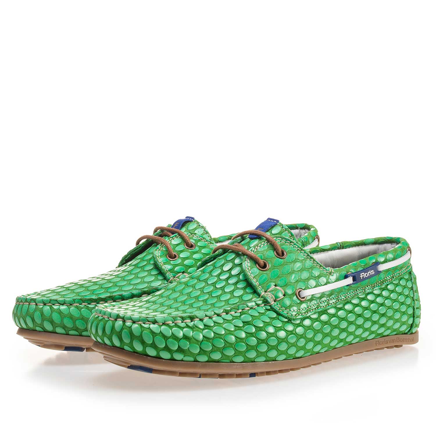 15055/00 - Groene leren bootschoen met print 15055/00 - Groene leren bootschoen met print
