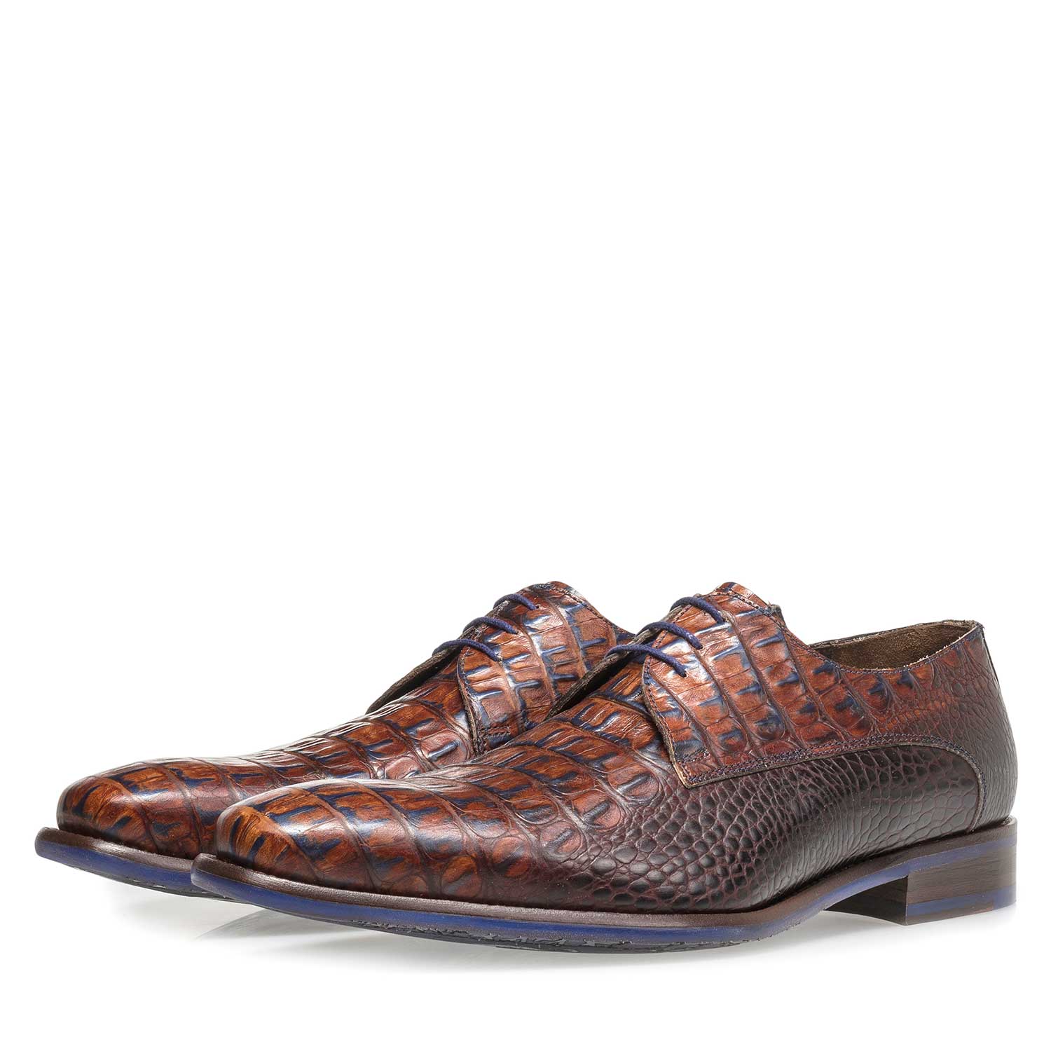 18159/04 - Leren veterschoen cognac met crocoprint 18159/04 - Leren veterschoen cognac met crocoprint